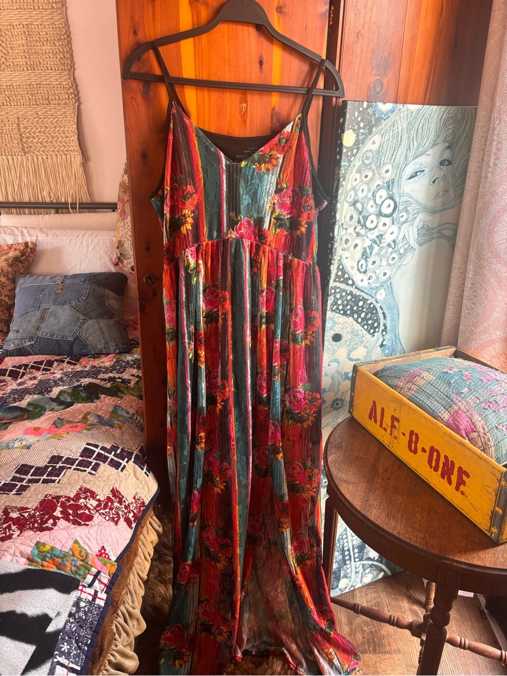 Crazy Train Floral Velvet Maxi Slip Dress in Red and Green